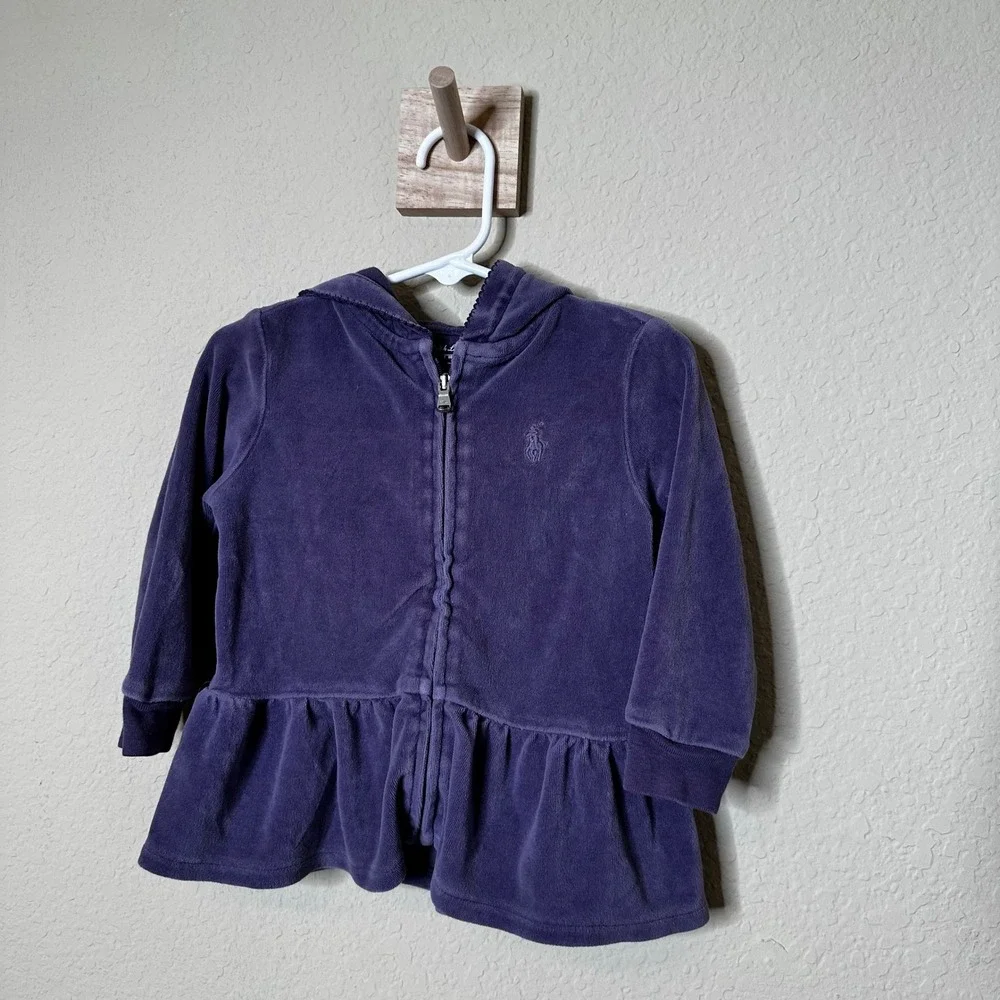 Ralph Lauren Girls Purple Velour Peplum Full Zip Hoodie Sweatshirt 18M